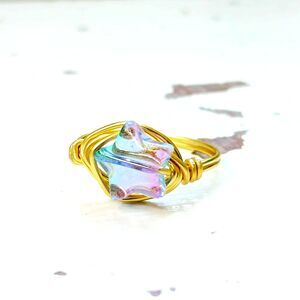 Pink & Blue Star Ring, Wire Wrapped Ring, Celestial Cute, Size 8